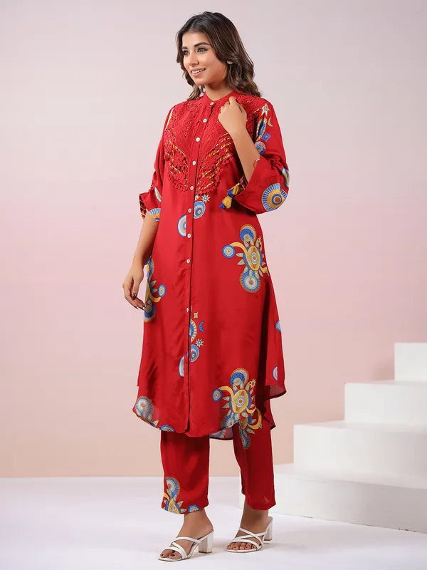 Latest red printed silk kurti set