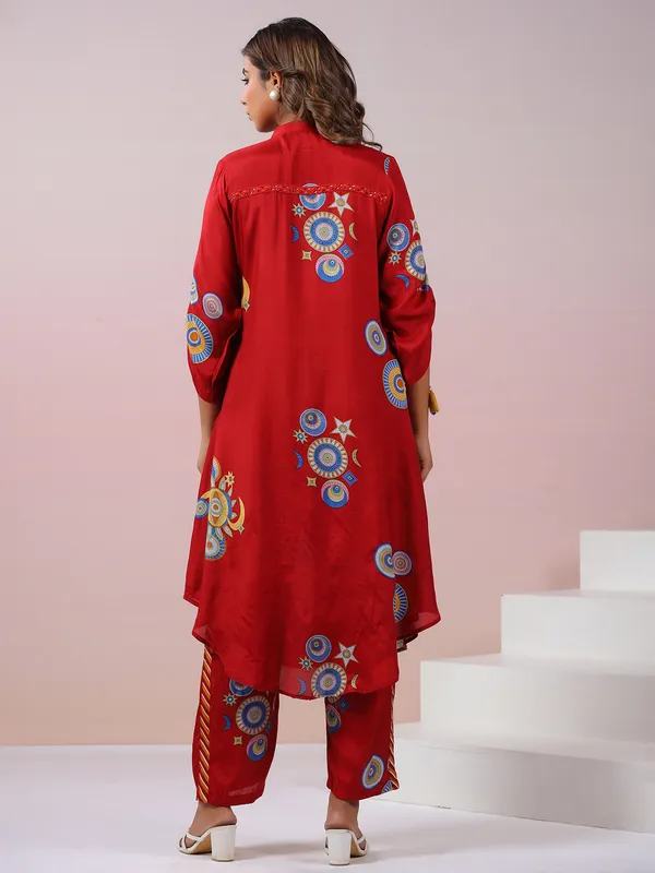 Latest red printed silk kurti set