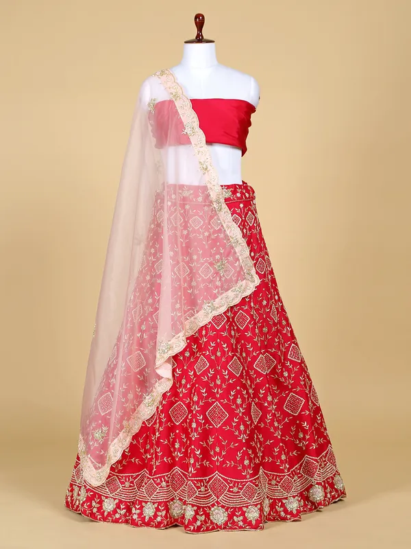 Latest red unstitched lehenga choli in raw silk