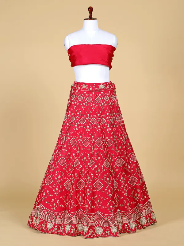 Latest red unstitched lehenga choli in raw silk