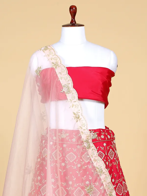 Latest red unstitched lehenga choli in raw silk
