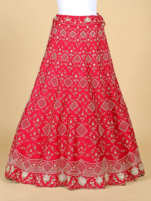Latest red unstitched lehenga choli in raw silk