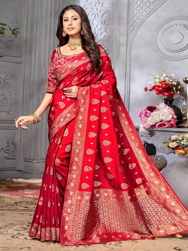 Latest red zari weaving saree