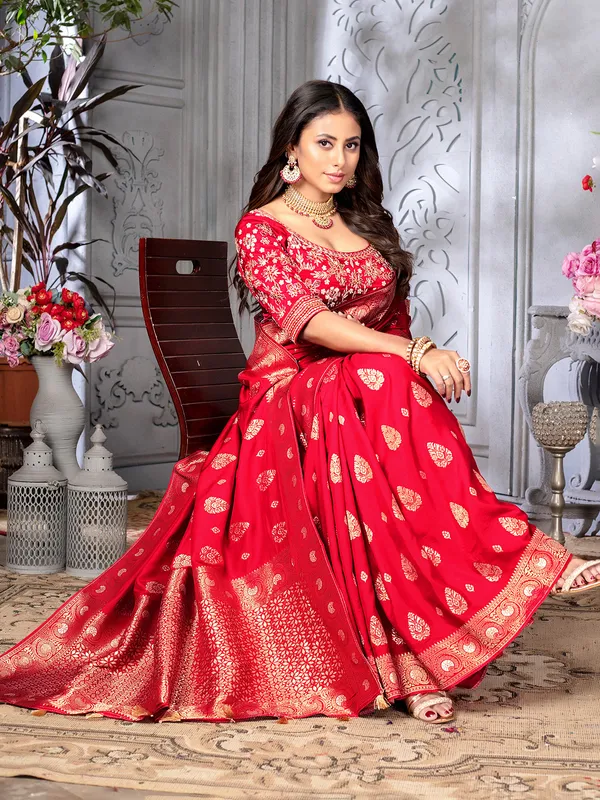 Latest red zari weaving saree