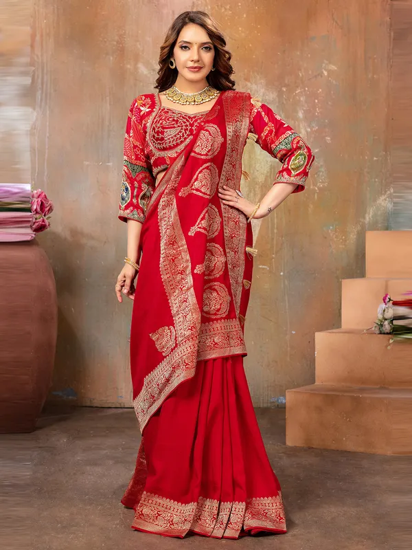 Latest red zari weaving saree for wedding