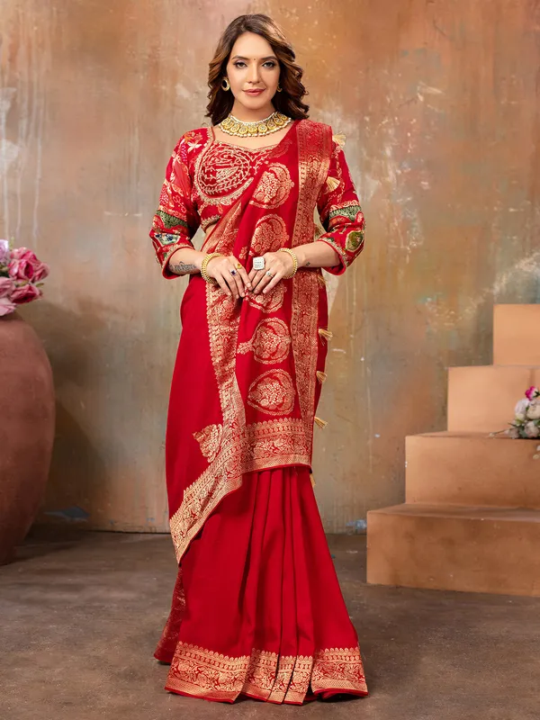 Latest red zari weaving saree for wedding
