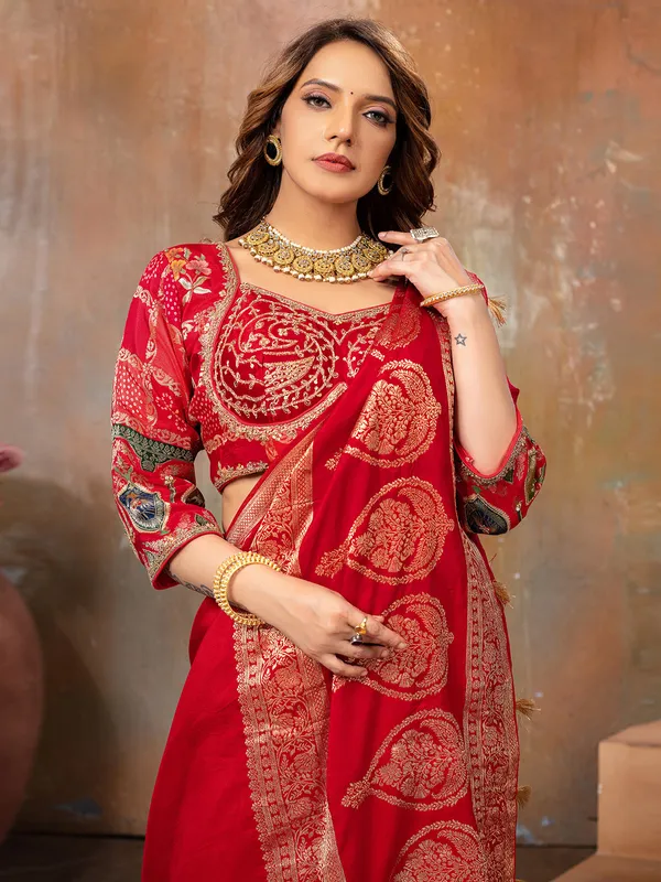 Latest red zari weaving saree for wedding