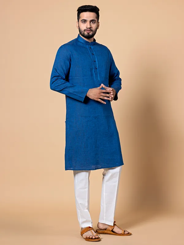 Latest royal blue plain linen kurta suit