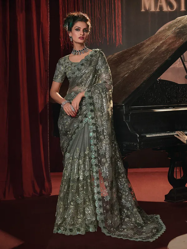 Latest sage green net saree