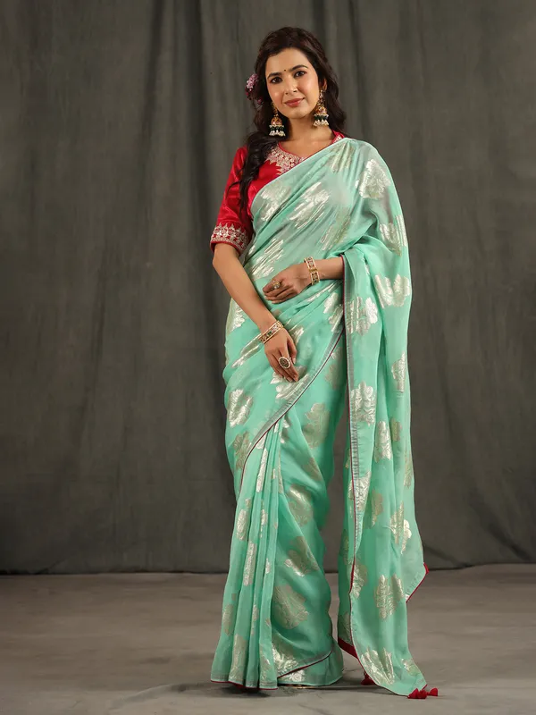 Latest sea green organza saree