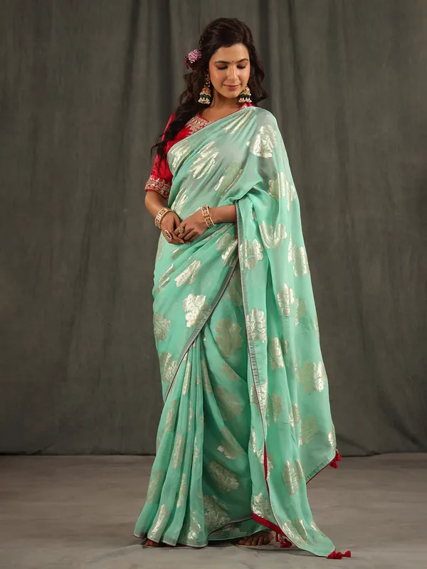 Latest sea green organza saree