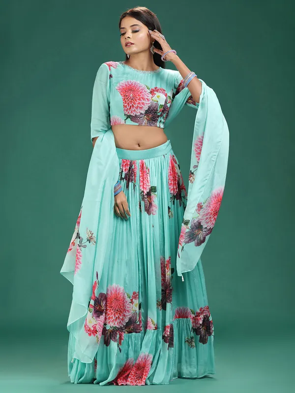 Latest sea green silk printed lehenga choli
