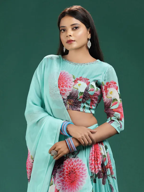 Latest sea green silk printed lehenga choli