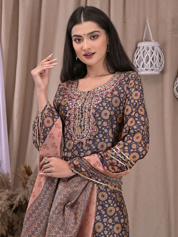 Latest silk grey printed kurti set