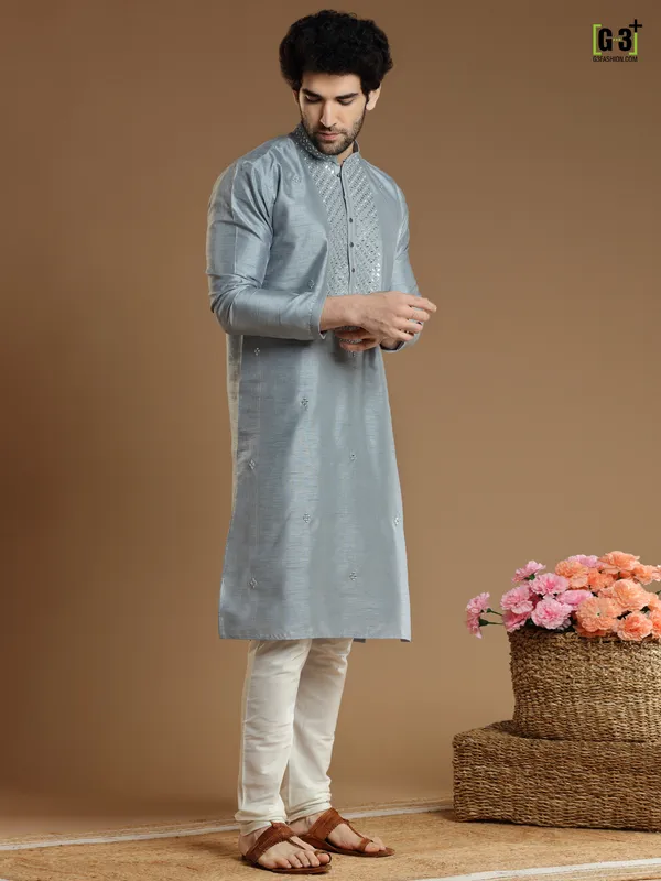 Latest silk  Men Kurta pajama in grey color