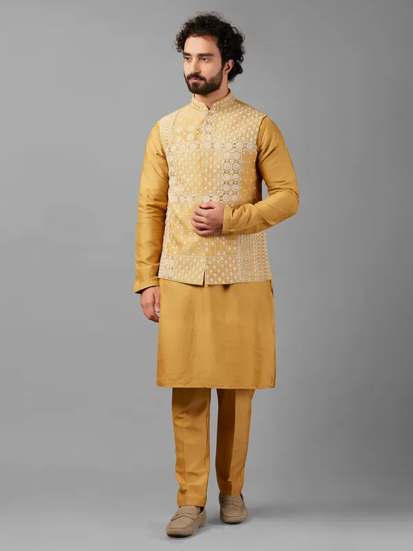 Latest silk mustard yellow waistcoat set