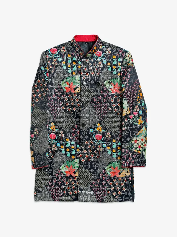 Latest silk printed black indowestern