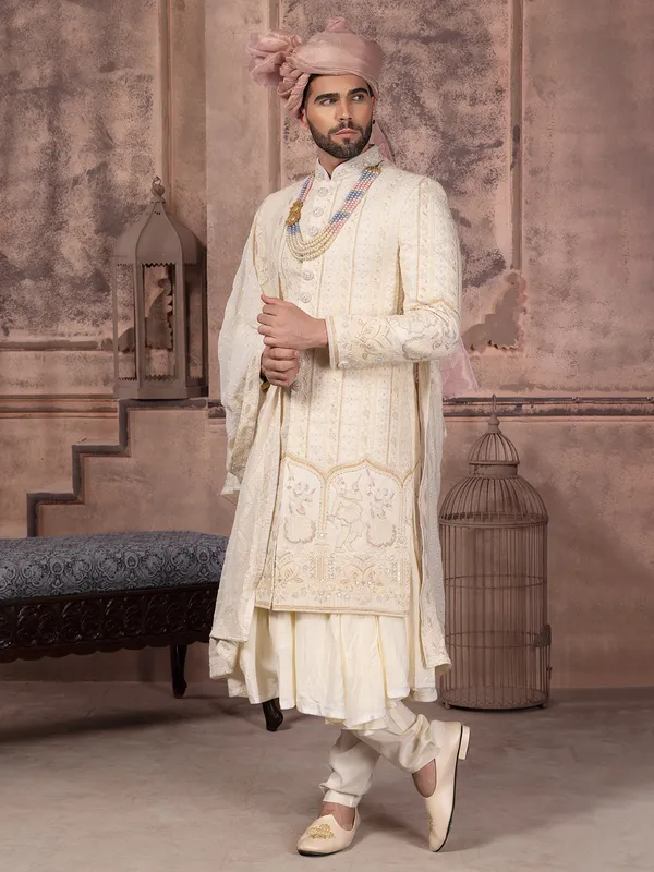 Latest silk sherwani with embroidery in cream