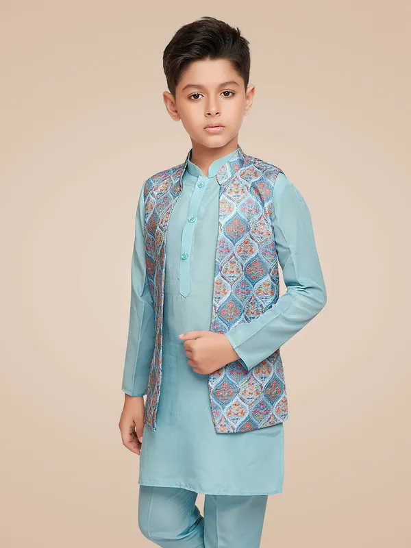 Latest silk sky blue waistcoat set