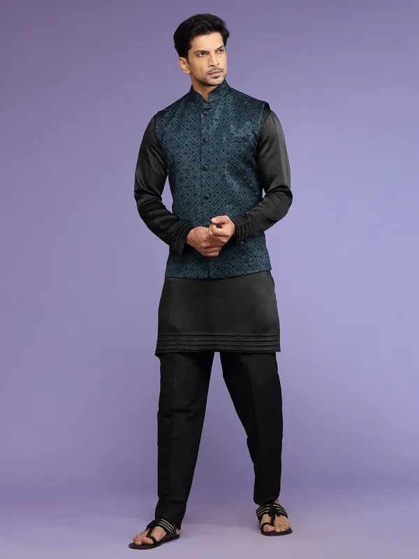 Latest silk teal blue waistcoat set for wedding