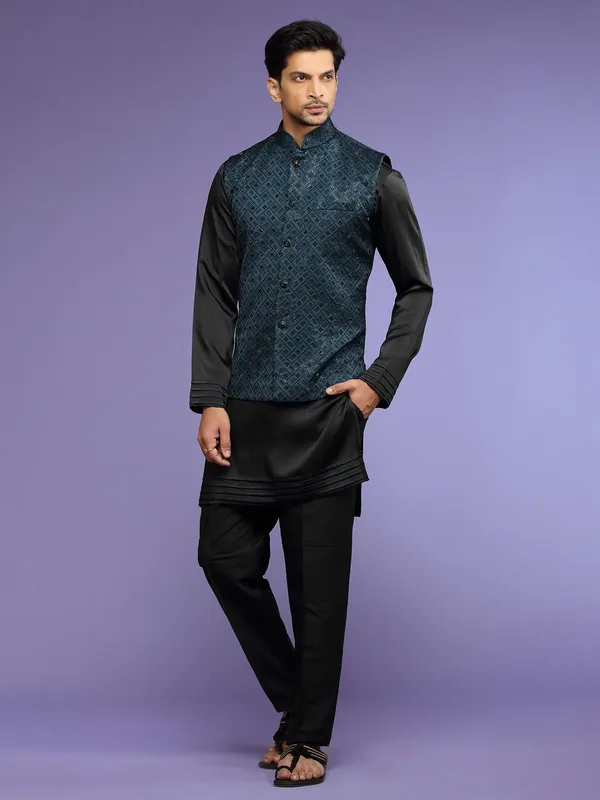 Latest silk teal blue waistcoat set for wedding