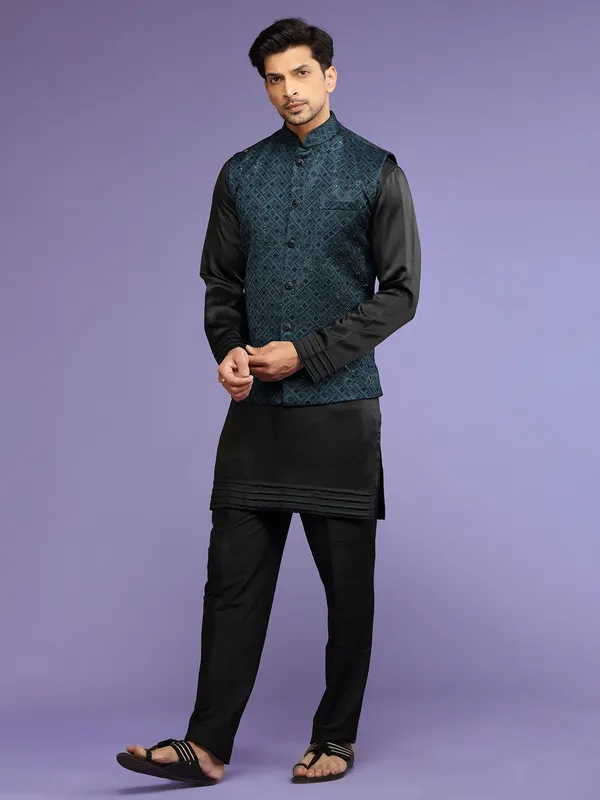 Latest silk teal blue waistcoat set for wedding