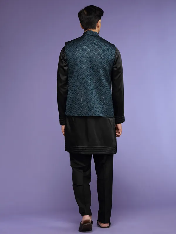 Latest silk teal blue waistcoat set for wedding