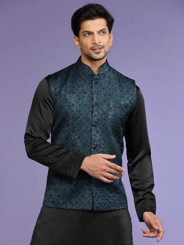 Latest silk teal blue waistcoat set for wedding