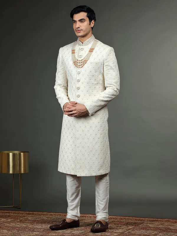 Latest silk white groom sherwani