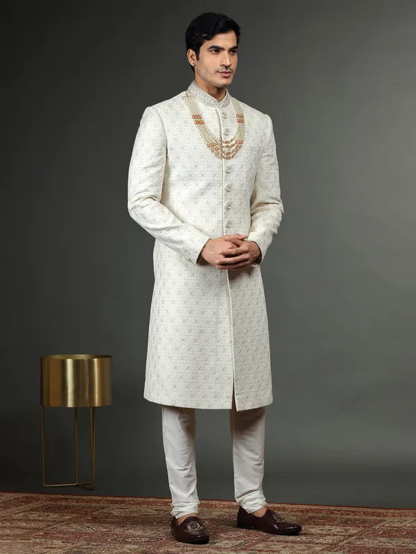 Latest silk white groom sherwani