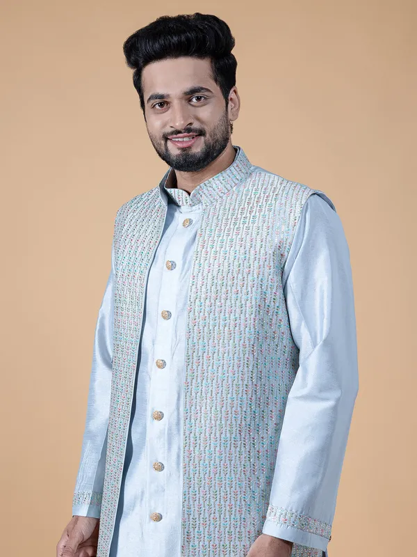 Latest sky blu silk waistcoat set