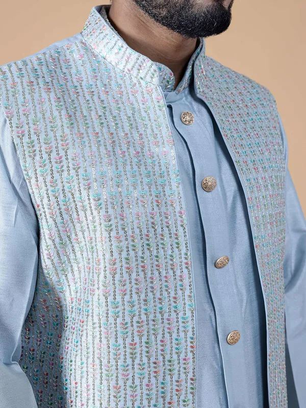 Latest sky blu silk waistcoat set