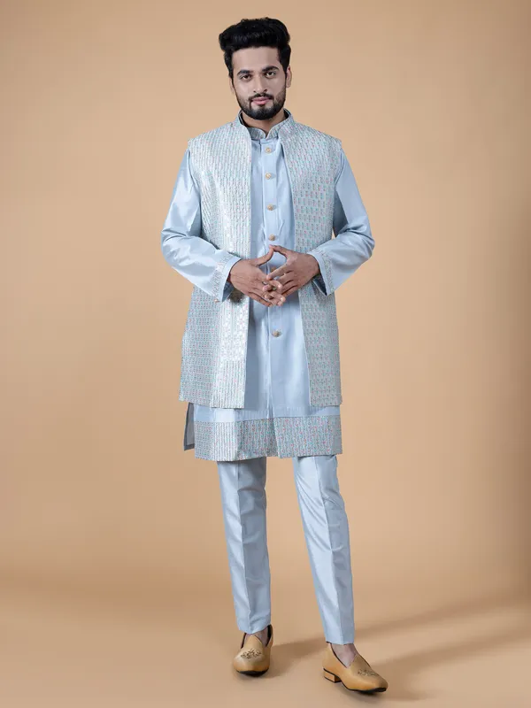 Latest sky blu silk waistcoat set
