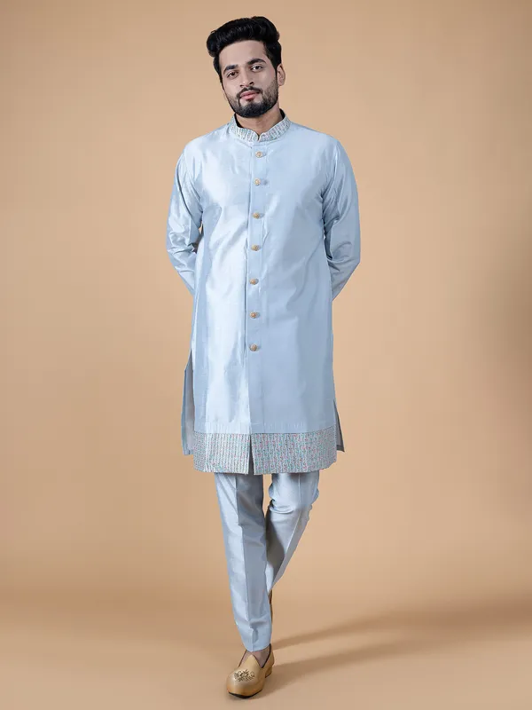 Latest sky blu silk waistcoat set