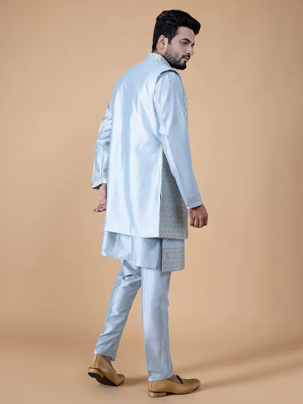 Latest sky blu silk waistcoat set