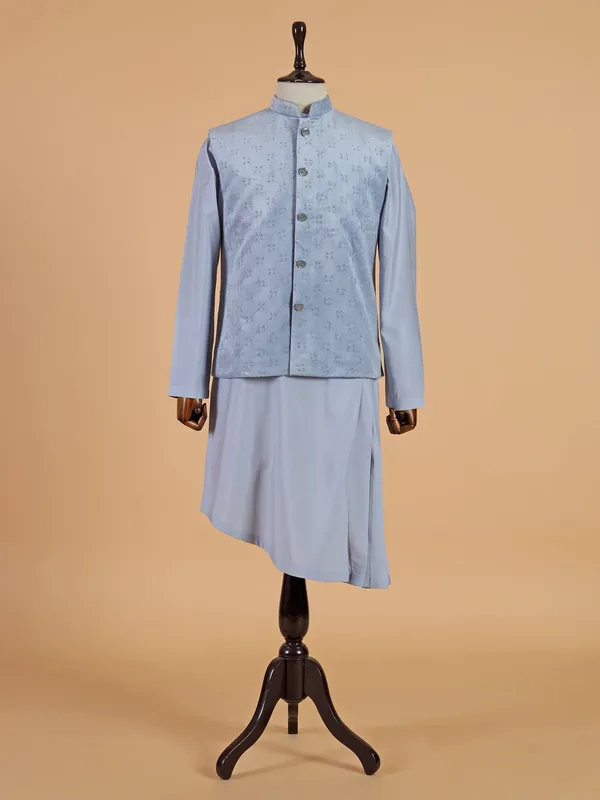 Latest sky blue cotton silk waistcoat set