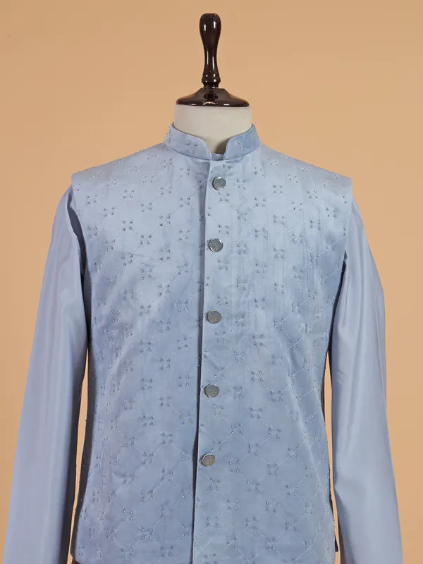 Latest sky blue cotton silk waistcoat set