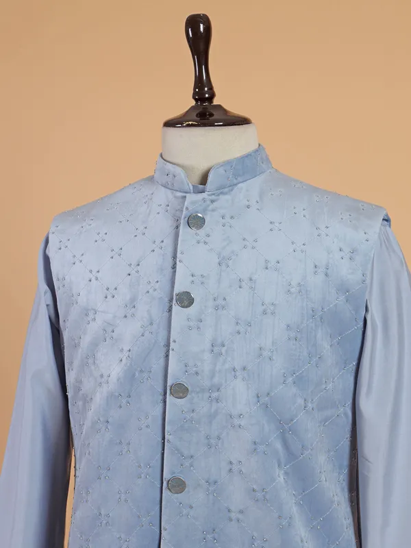 Latest sky blue cotton silk waistcoat set