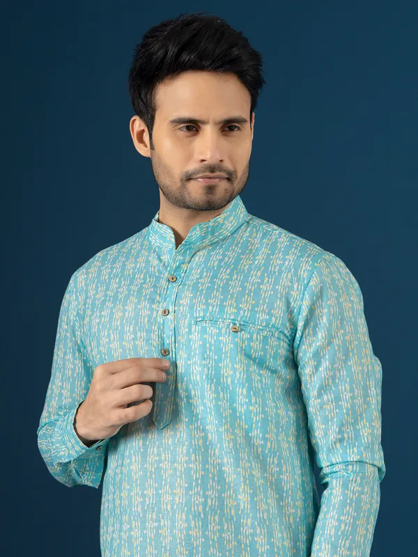 Latest sky blue printed kurta in cotton fabric