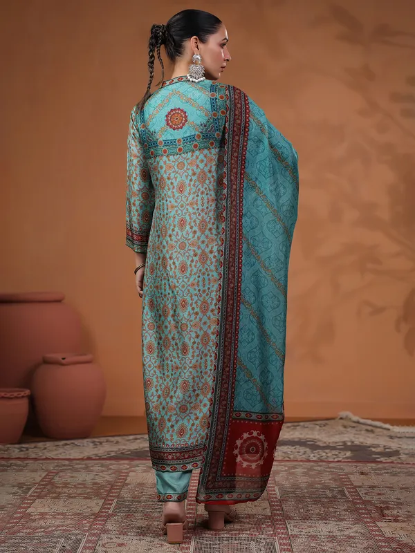 Latest sky blue printed kurti set for festive