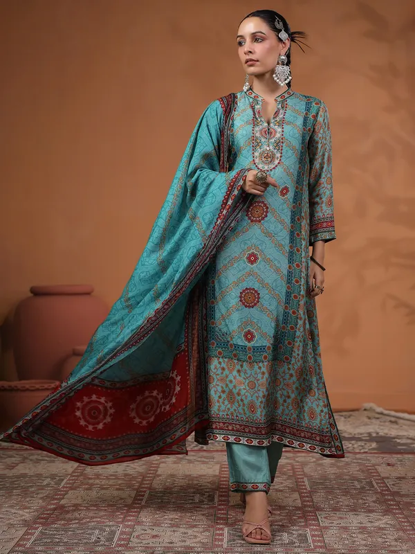 Latest sky blue printed kurti set for festive