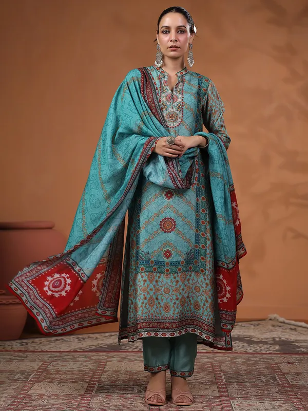 Latest sky blue printed kurti set for festive