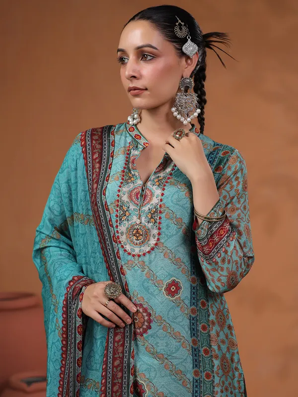 Latest sky blue printed kurti set for festive