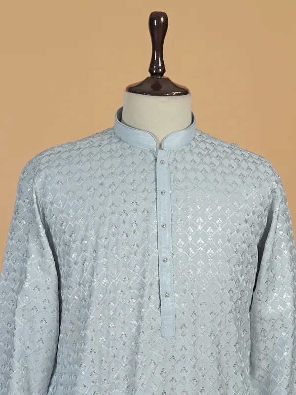 Latest sky blue silk kurta pajama