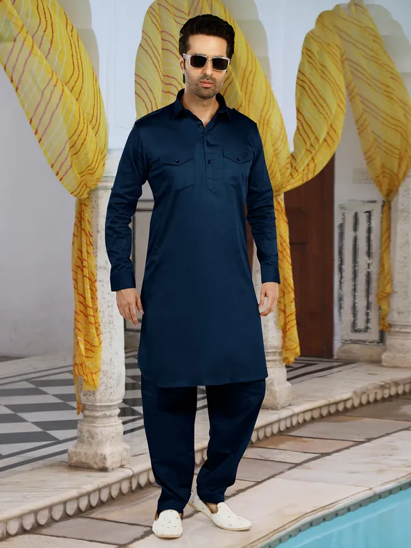 Latest teal blue cotton plain pathani suit