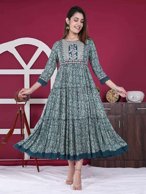 Latest teal blue cotton printed kurti
