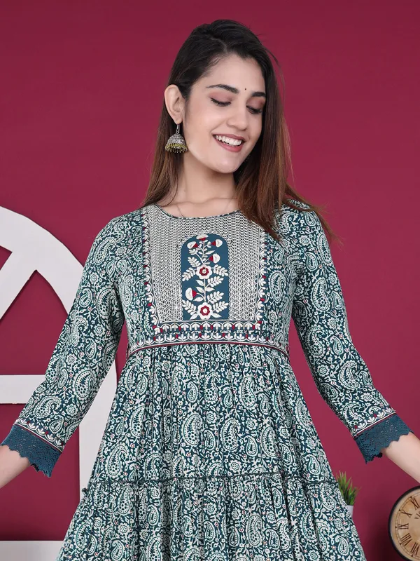 Latest teal blue cotton printed kurti