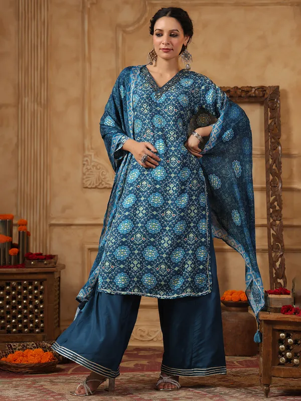 Latest teal blue cotton silk kurti with dupatta