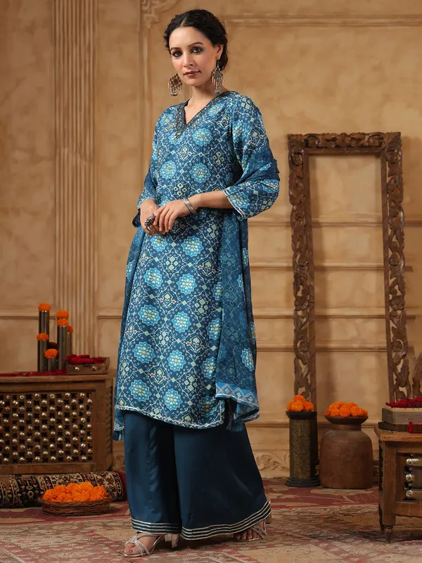 Latest teal blue cotton silk kurti with dupatta