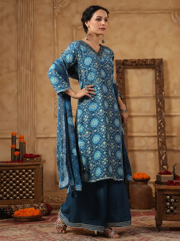 Latest teal blue cotton silk kurti with dupatta